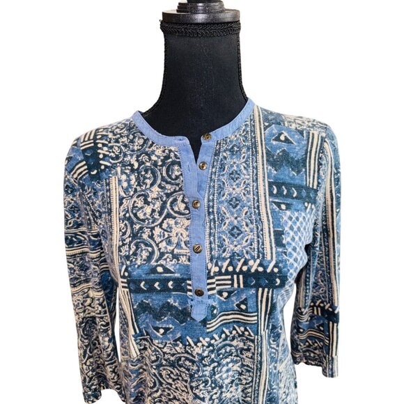 Ralph Lauren LRL Blue Patchwork Print Button-Front Henley Top M 100% Cotton - Picture 5 of 11